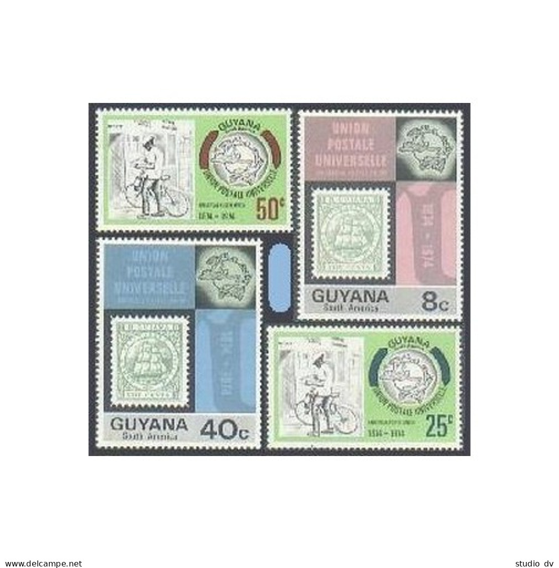 Guyana 197-200,MNH.Michel 460-463. UPU-100,1974.Sailing Ship,Stamp On Stamp. - Guyana (1966-...)