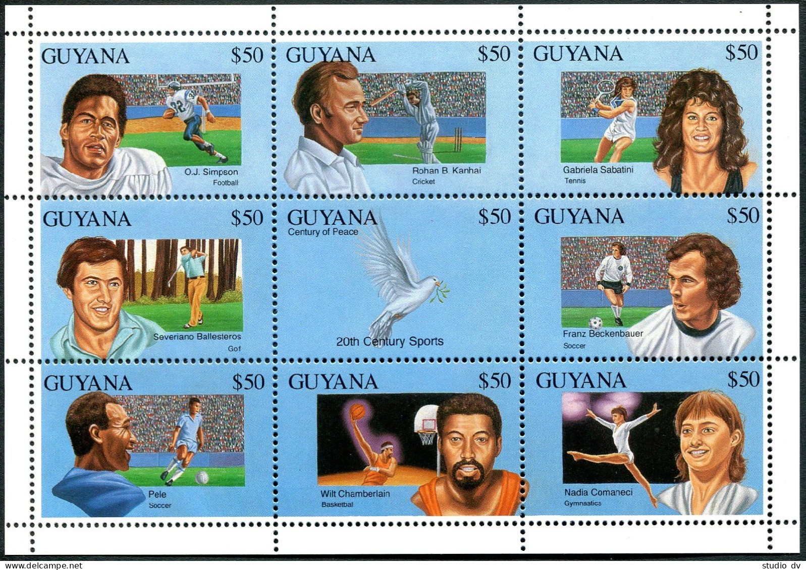Guyana 2676 Ai Sheet, MNH. Athletes 1993. Cricket, Tennis, Soccer, Peace Dove, - Guyana (1966-...)