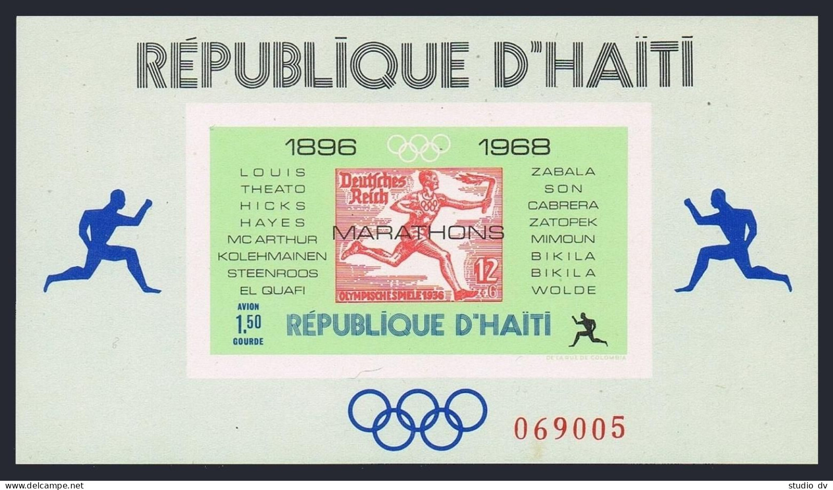 Haiti 616Q Sheet,MNH.Mi Bl.36.Olympic Marathon Winners,1969.Germany #B86 Stamp. - Haïti