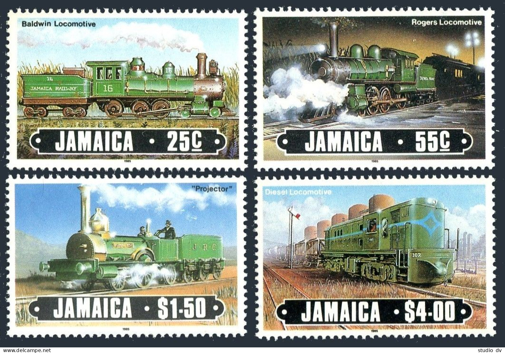 Jamaica 608-611, MNH. Locomotives, 1985. Baldwin, Rogers, Projector, Diesel. - Jamaique (1962-...)