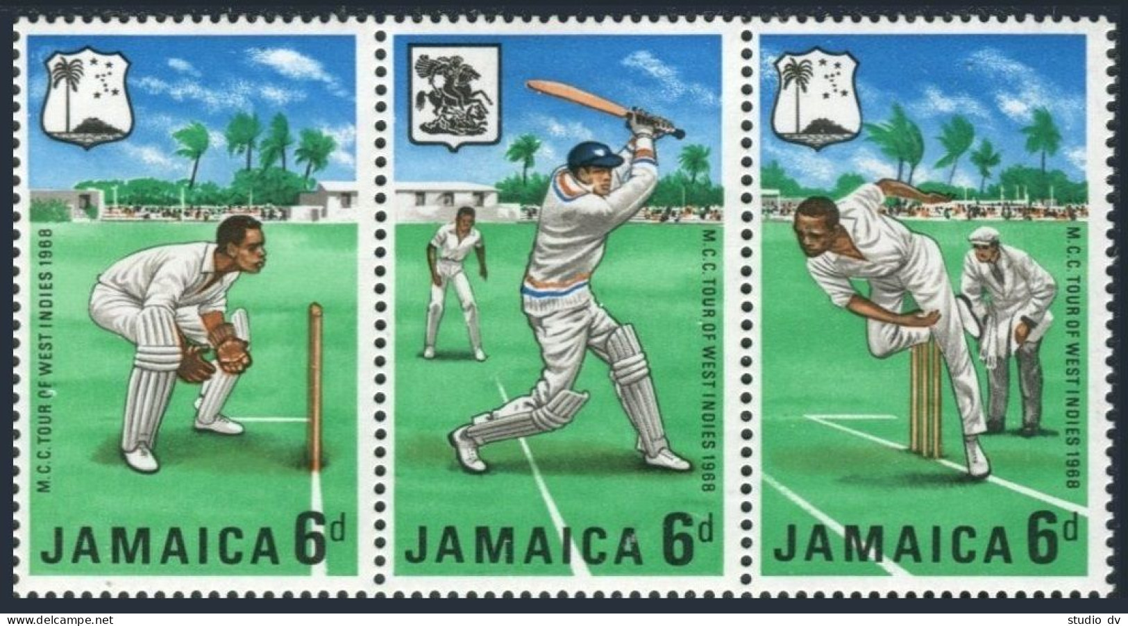 Jamaica 266-268a Strip, MNH. Michel 268-270. Marylebone Cricket Club, 1968. - Jamaique (1962-...)
