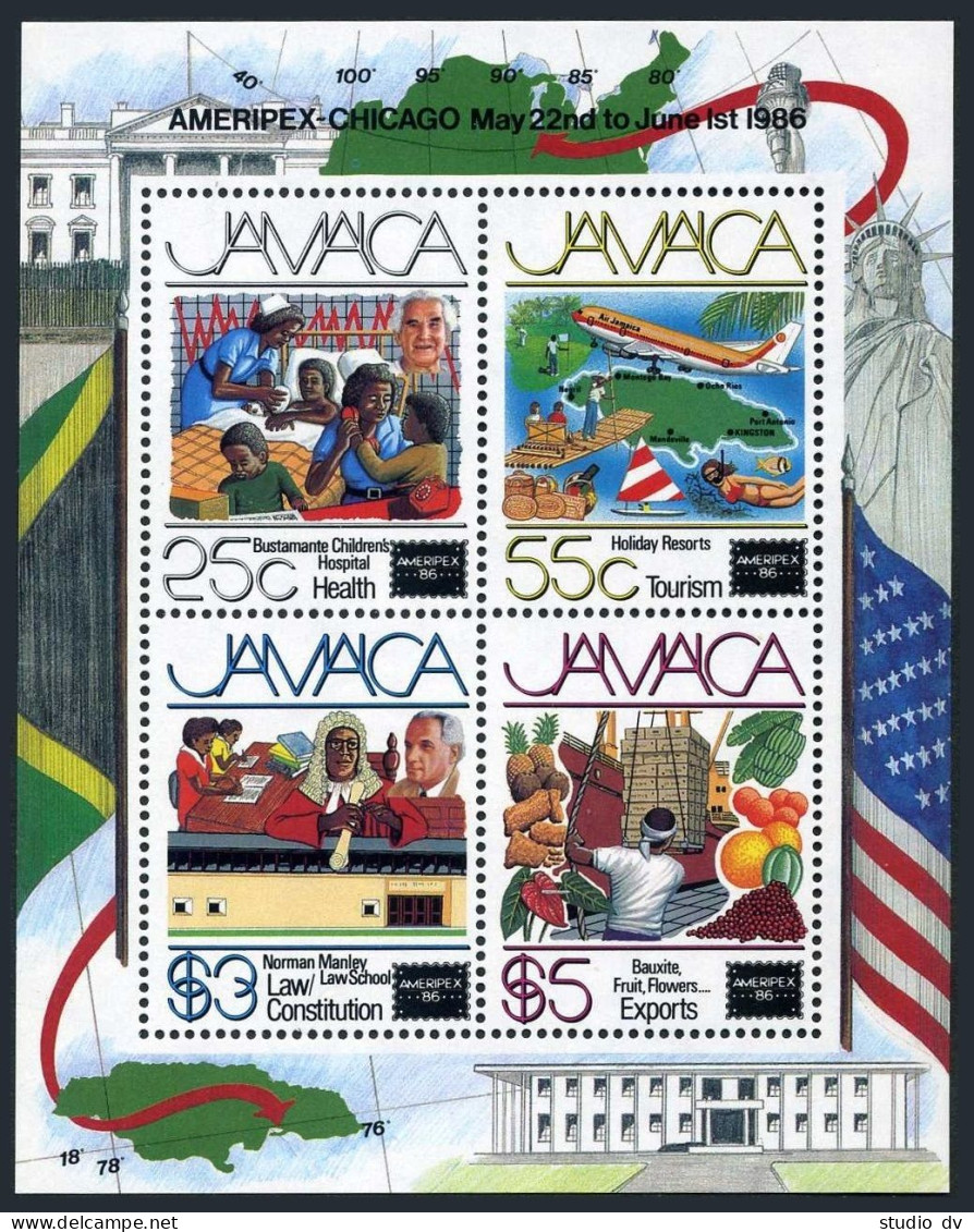 Jamaica 628a Sheet,MNH.Mi Bl.27. AMERIPEX-1986.Health,Tourism,Constitution,Map, - Jamaica (1962-...)