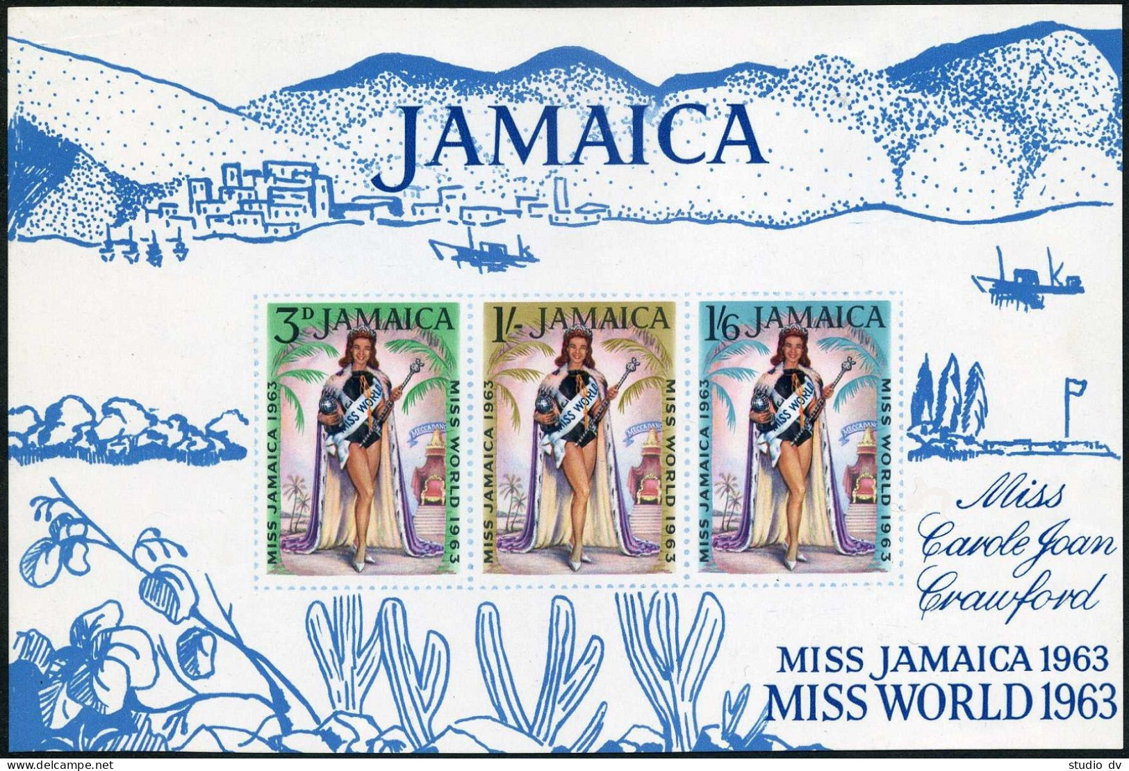 Jamaica 207a Sheet, Hinged. Michel Bl.2. Carole Joan Crawford, Miss World 1963. - Jamaica (1962-...)