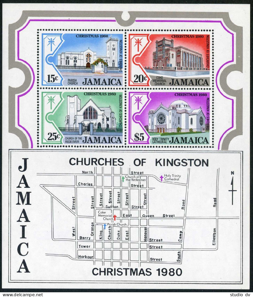 Jamaica 491-494,494a,MNH.Mi 492-495,Bl.16. Christmas 1980.Churches Of Kingstown. - Jamaica (1962-...)