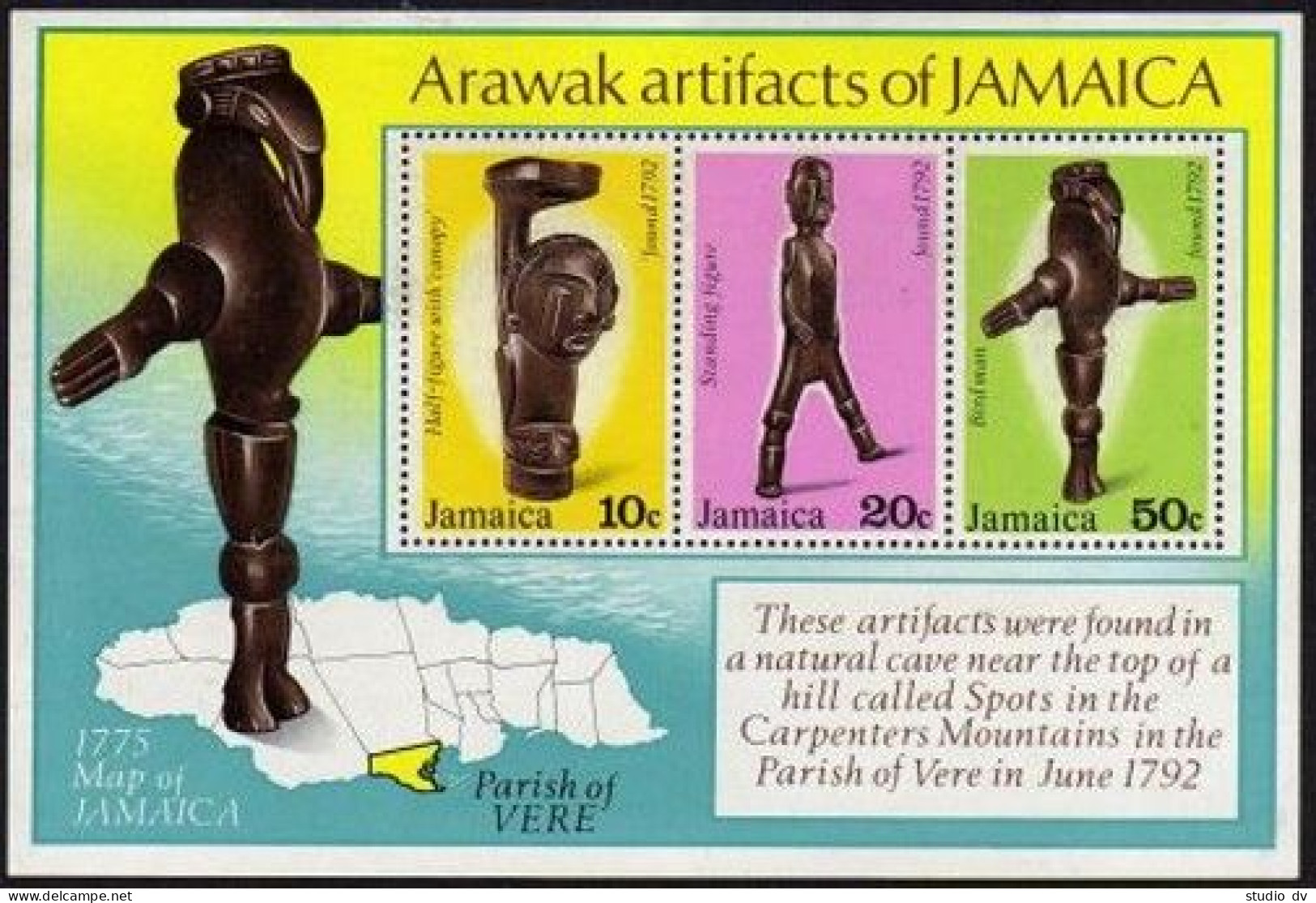 Jamaica 439-441, 441a Sheet, MNH. Mi 439-441,Bl.14. Arawak Artifacts, 1978. Map. - Jamaica (1962-...)