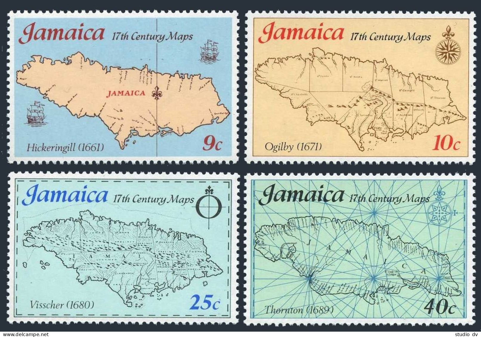 Jamaica 419-422, MNH. Michel 419-422. 17th Century Maps, 1977. - Jamaique (1962-...)