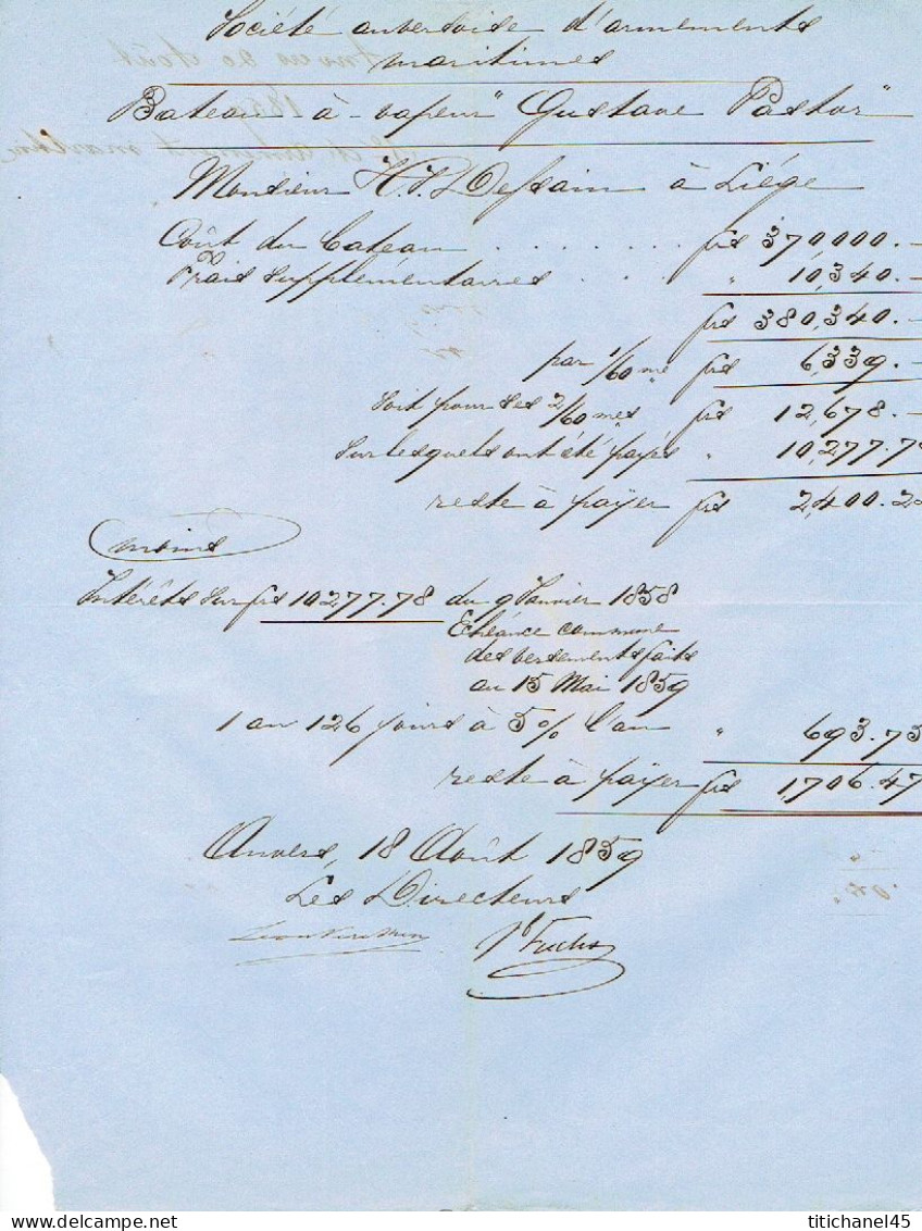 N°12A X 2 (1 Seul Margé) Oblit. P4 ANVERS + Lettre Et Contrat D'armement Du Steamer "GUSTAVE PASTOR" - 1858-1862 Médaillons (9/12)