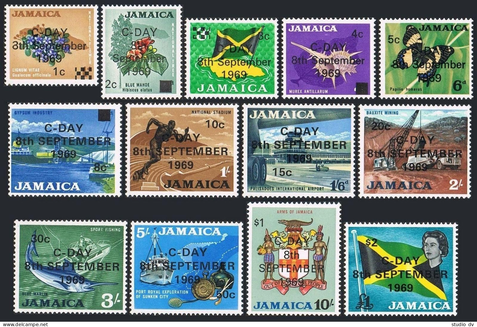 Jamaica 279-291,MNH. C-Day 09.08.1969. Shell, Fish,Butterfly,Blue Marlin,Flower. - Jamaica (1962-...)