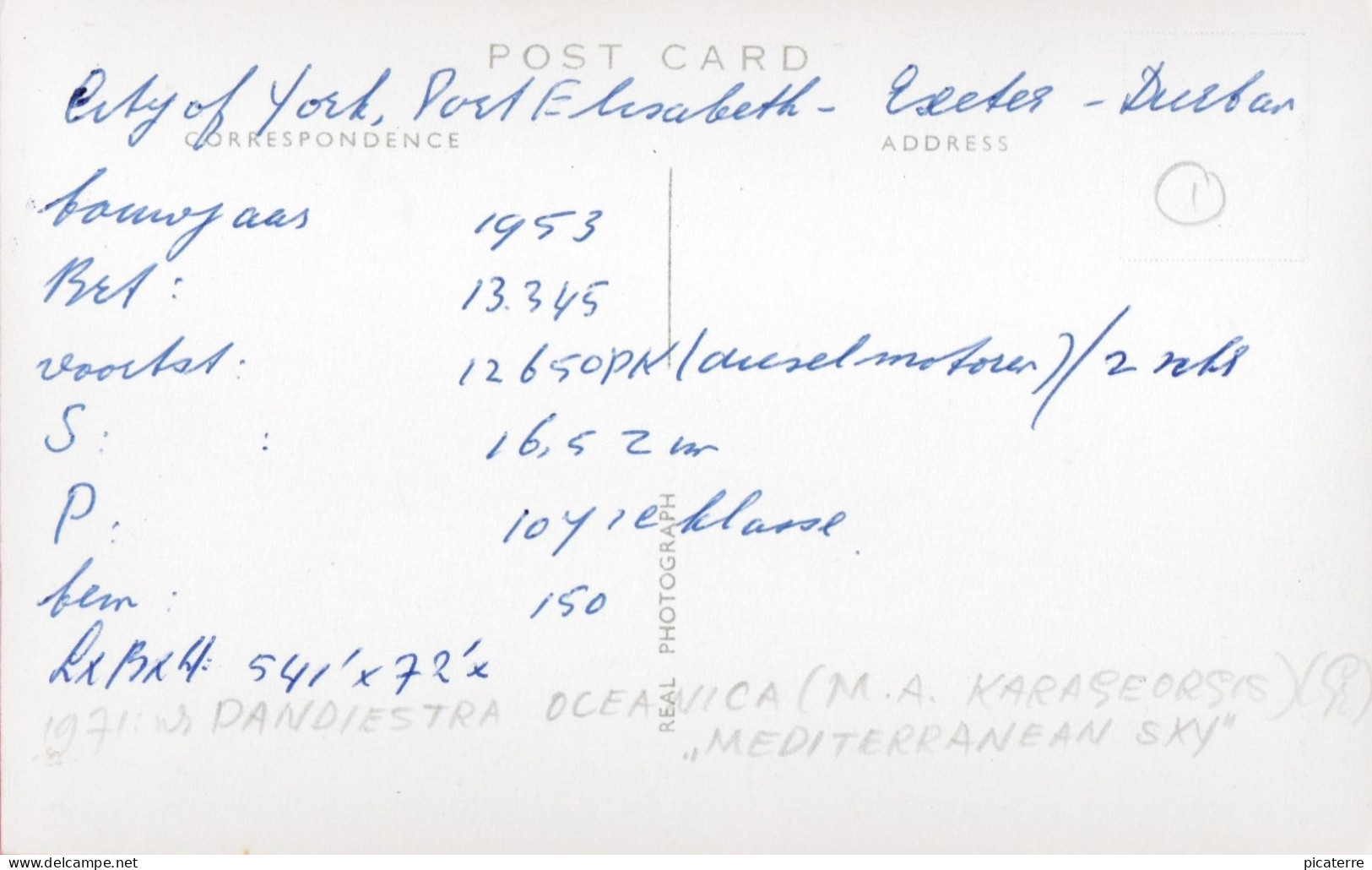 Ellerman Lines- London To South Africa Liner- CITY OF YORK 1953 (renamed Mediterranean Sky 1971)-info On Reverse - Dampfer