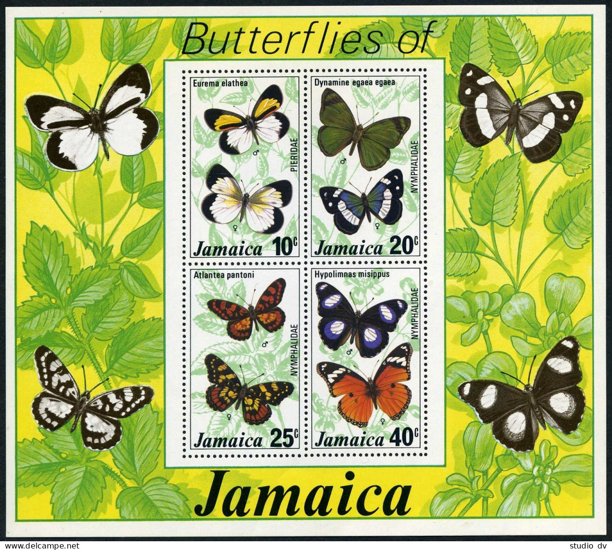 Jamaica  423-426, 426a Sheet, MNH. Mi 423-426, Bl.11. Butterflies, 1977. Eurema - Jamaica (1962-...)