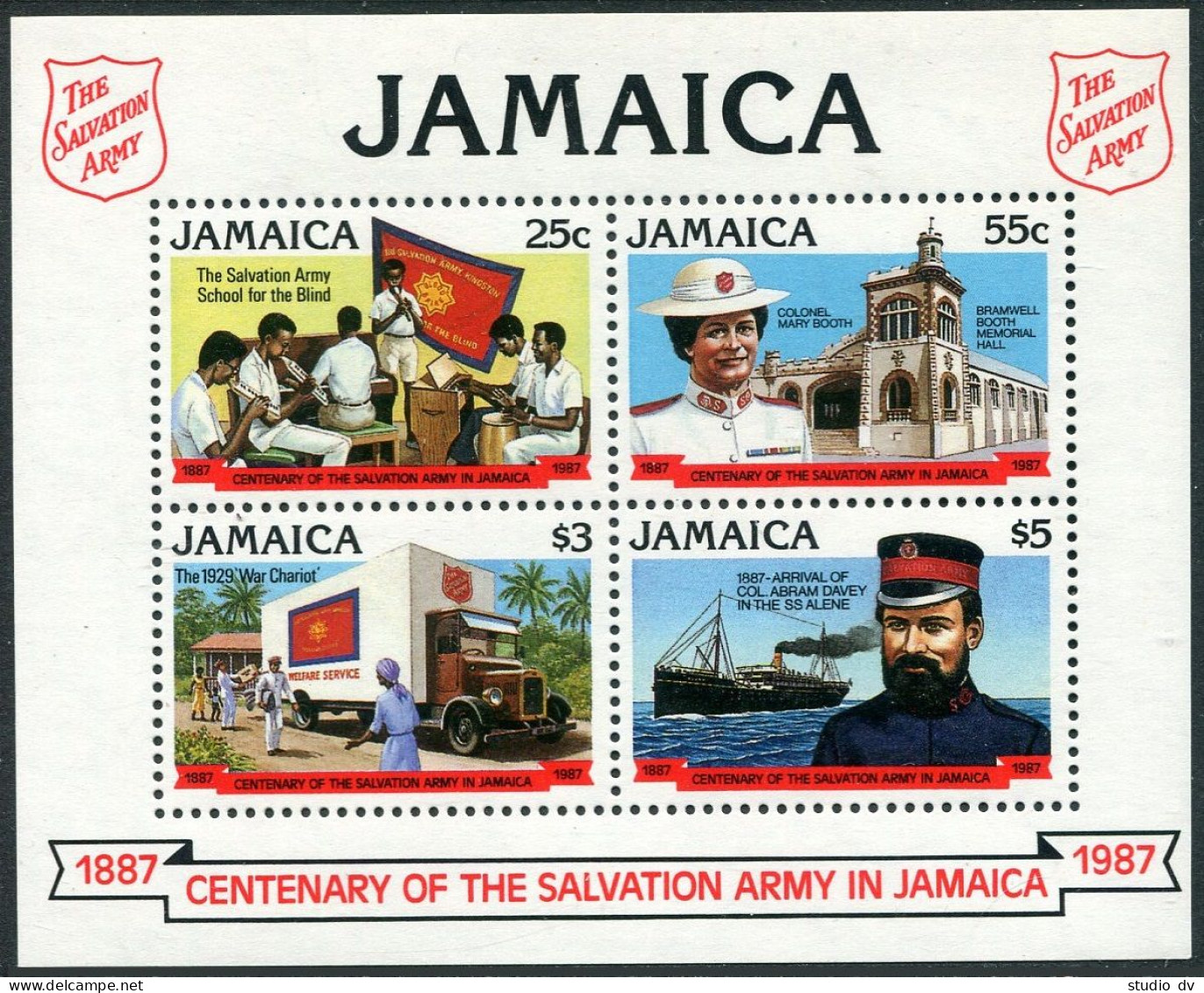 Jamaica 671-674, 674a, MNH. Mi 679-682,Bl.28. Salvation Army-100, 1987.Flag,Ship - Jamaica (1962-...)