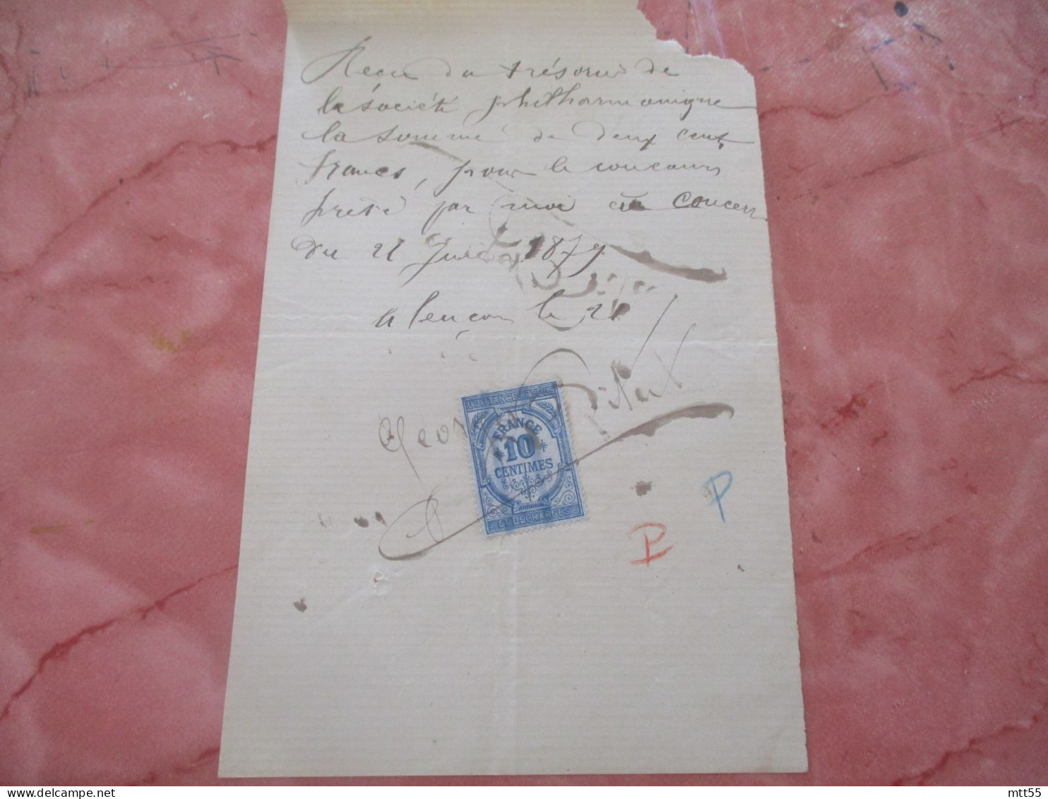 GEORGES PITER CHANTEUR QUITTANCE MANUSCITE TIMBRE FISCAL 1885 CONCERCERT A ALENCON AUTOGRAPHE - Manuscripts