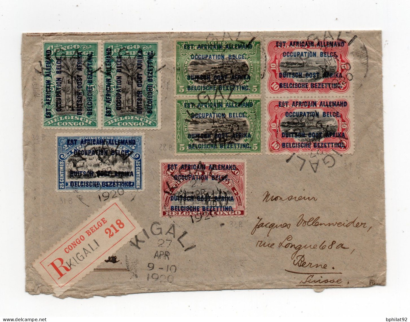 !!! TIMBRES DU CONGO BELGE SURCH EST AFRICAIN ALLEMAND OCCUPATION BELGE SUR LETTRE RECO DE KIGALI DE 1920 - Briefe U. Dokumente