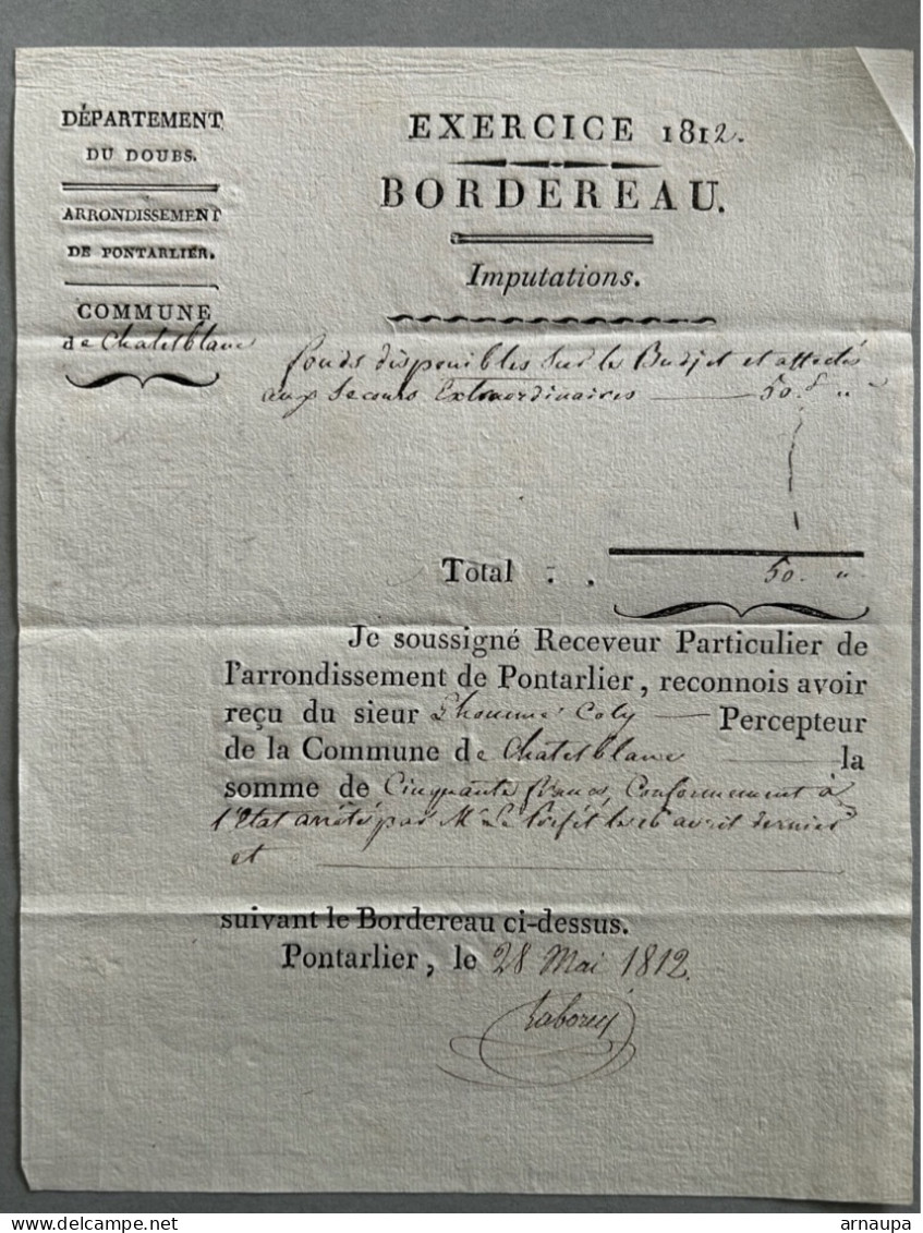 Reçu Perception Pontarlier Chatelblanc L’homme Coly 1812 - Ohne Zuordnung