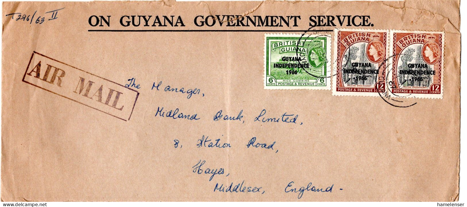 L78899 - Guyana - 1967 - 2@12c Unabhaengigkeit MiF A LpBf (rauh Geoeffn) GEORGETOWN -> Grossbritannien - Guiana (1966-...)