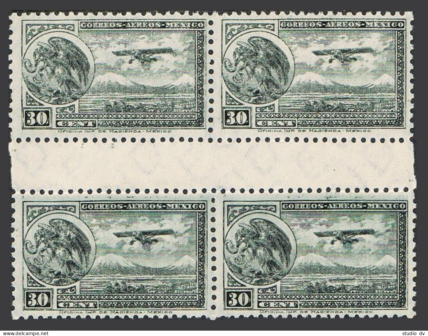 Mexico C75 Gutter Block/4,MNH.Michel 678Y. Air 1935,Coat Of Arms,Eagle,Plane. - Mexico