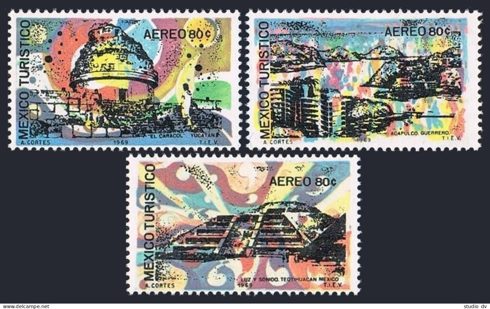 Mexico C354-C356,MNH.Michel 1317-1319. Tourism 1969.Pyramid,Teotihuacan;Acapulco - Messico