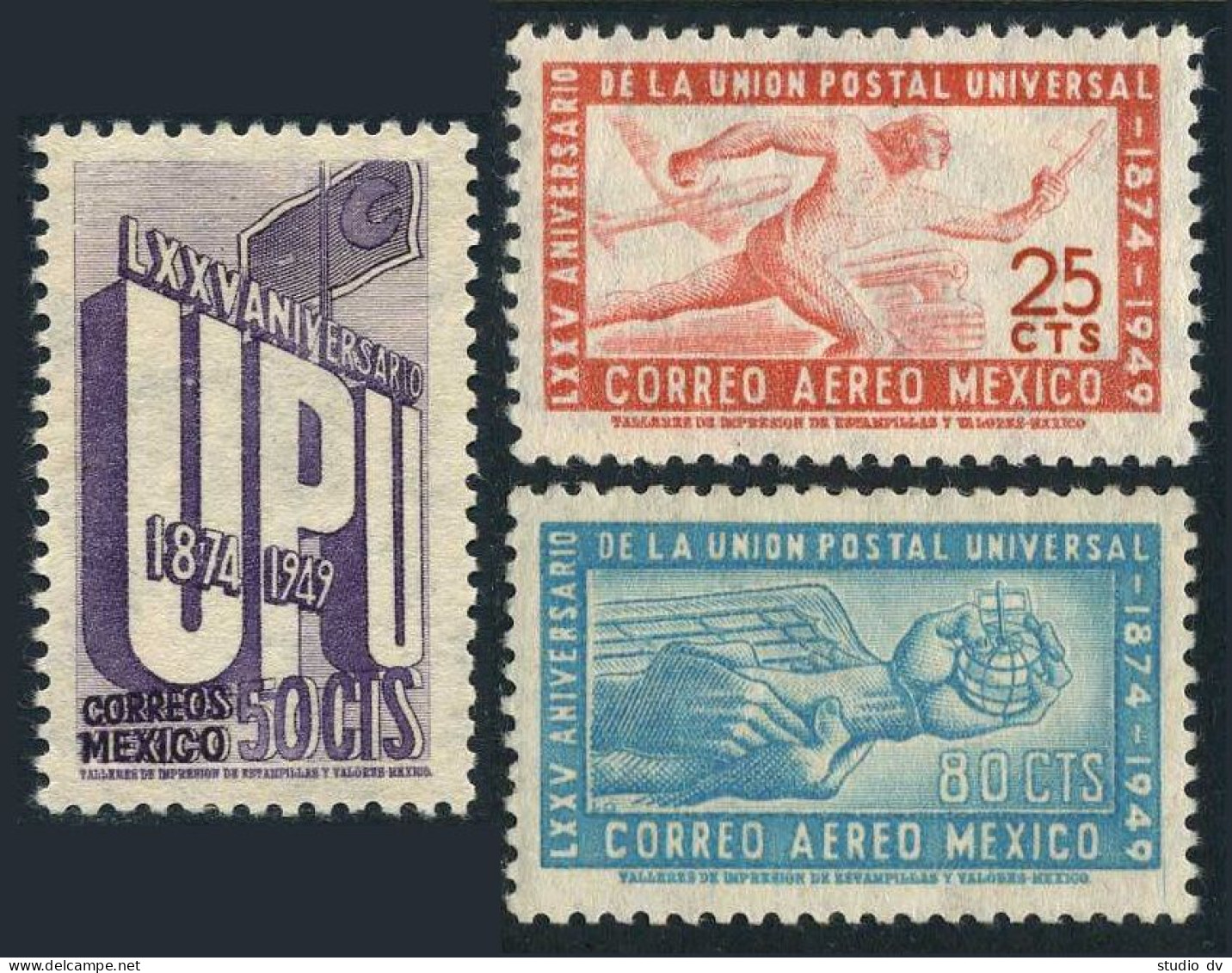 Mexico 872,C203-C204, MNH. Mi 1003-1005. UPU-75. 1949. Aztec Courier,plane,train - Mexique