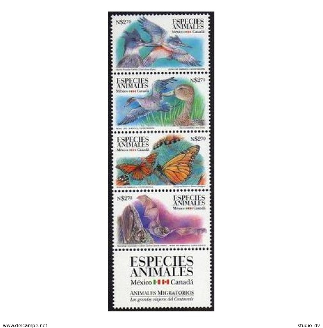 Mexico 1924 Ad Strip/label, MNH. Michel 2498-2501. Migratory Wildlife, 1995. - Mexico