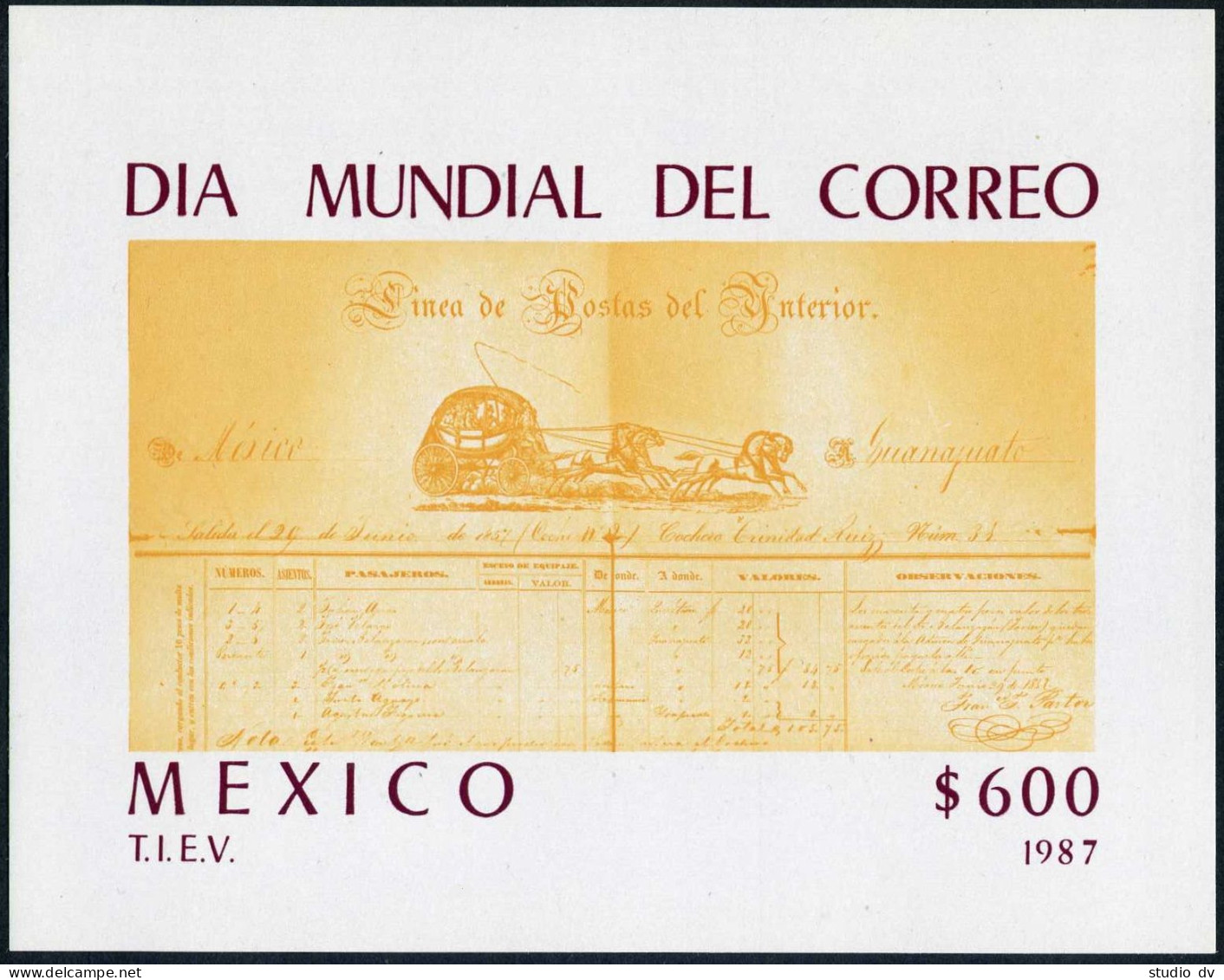 Mexico 1525-1526,MNH.Michel 2049,Bl.34. World Post Day 1987.Horse-drawn Coach. - Messico
