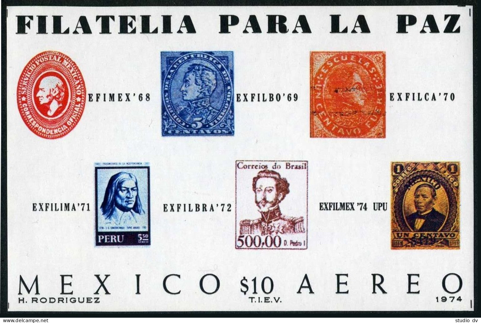 Mexico 1065,C429,C434,MNH.Michel 1422-1423,Bl.21. UPU-100.EXFILMEX-1974. - Mexico