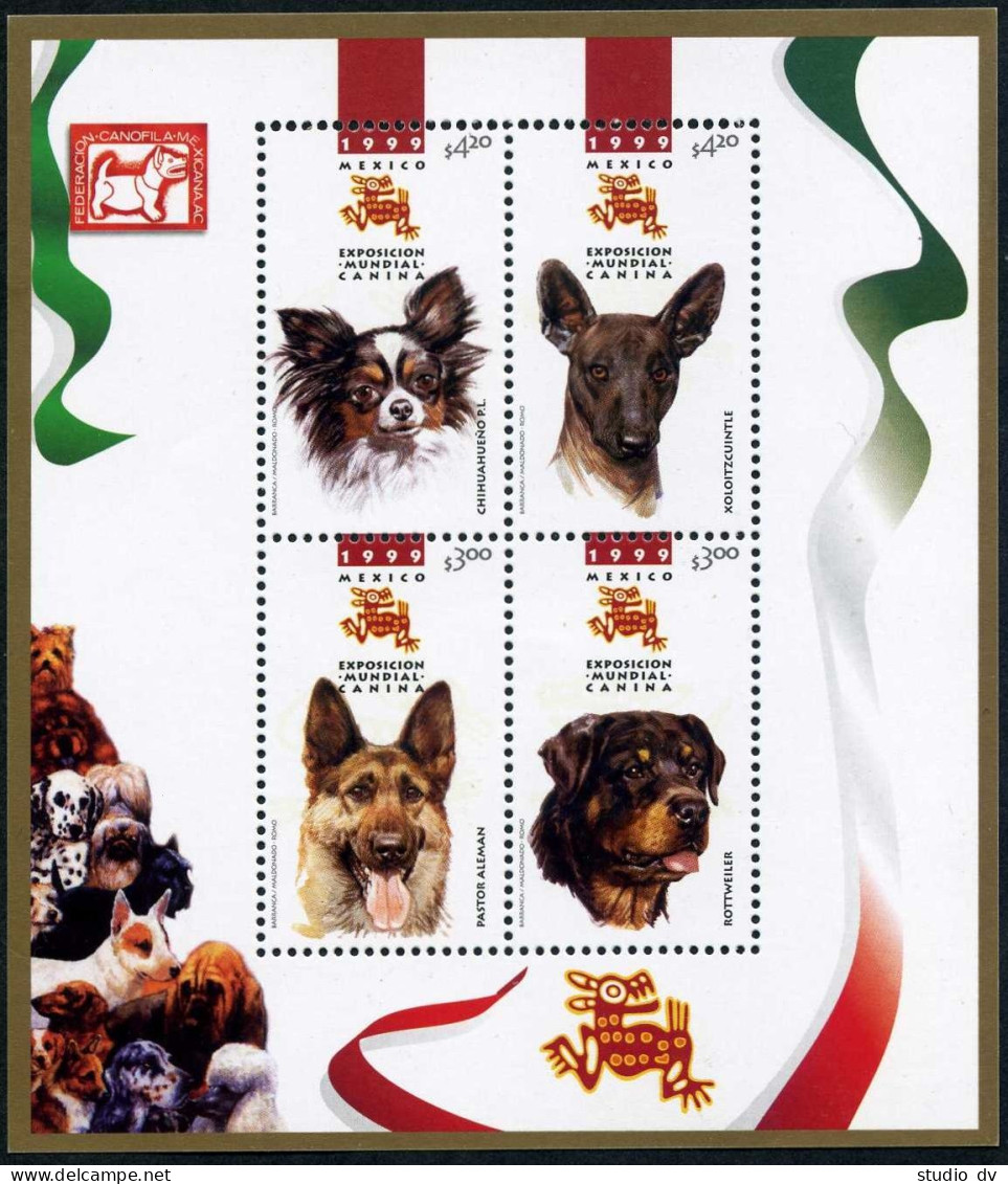 Mexico 2149 Ad Sheet,MNH.World Dog Show,1999.Chihuahua,Xoloitzcuintle,Rottweiler - Mexico