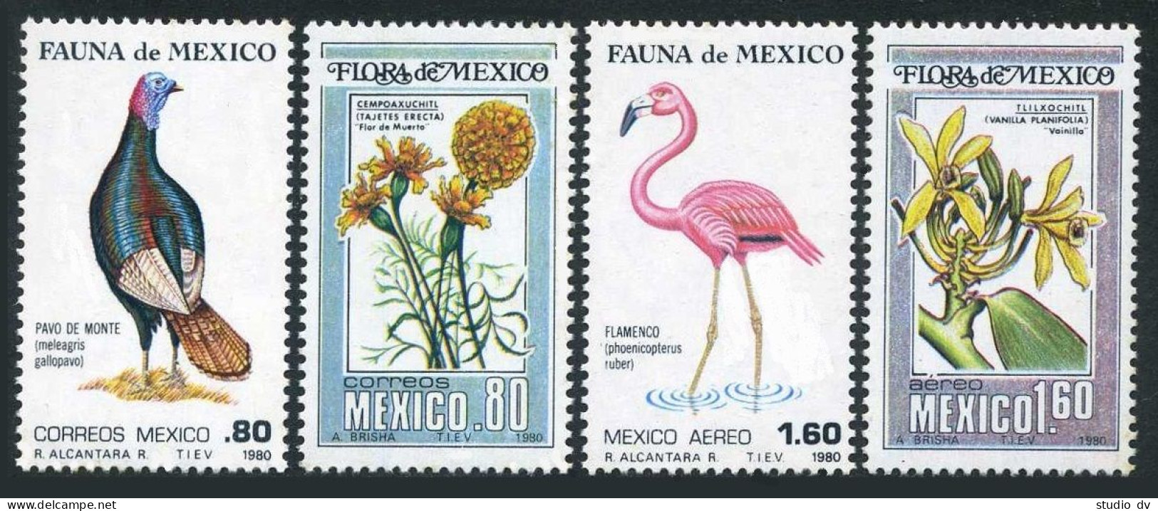 Mexico 1195-1196, C632-C633, MNH. Mi 1705-1708. Turkey, Flamingo, Flowers. 1980. - Mexique