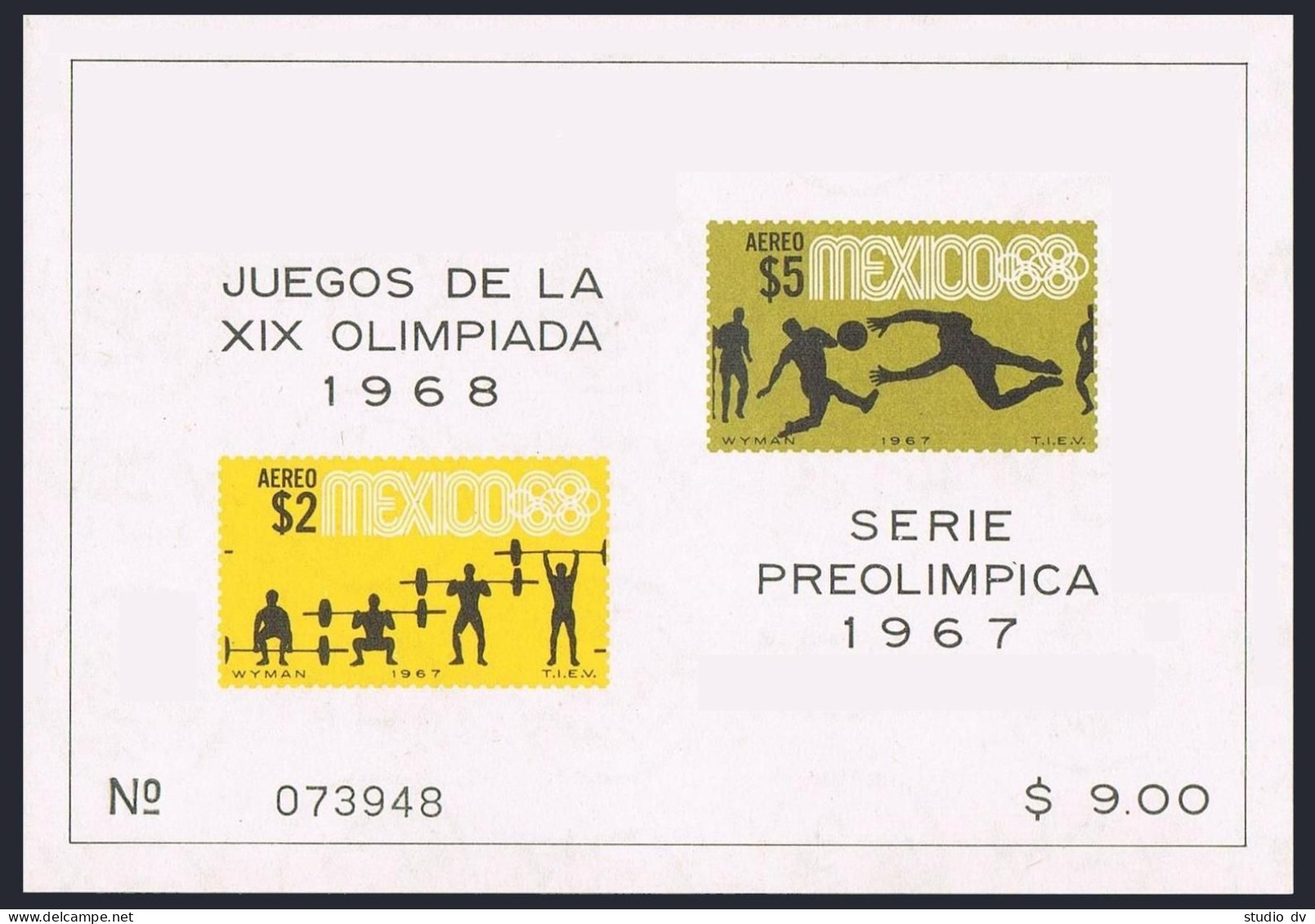 Mexico C331a, Hinged. Mi Bl.10. Olympics Mexico-1968. Weight Lifting, Soccer. - Mexique