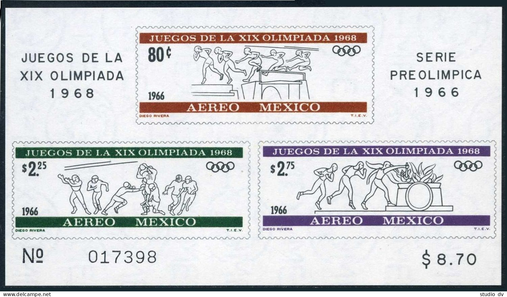 Mexico 975a,C320a,hinged. Mi Bl.5-6. Olympics Mexico-1968:Running,Jumping,Soccer - Mexico