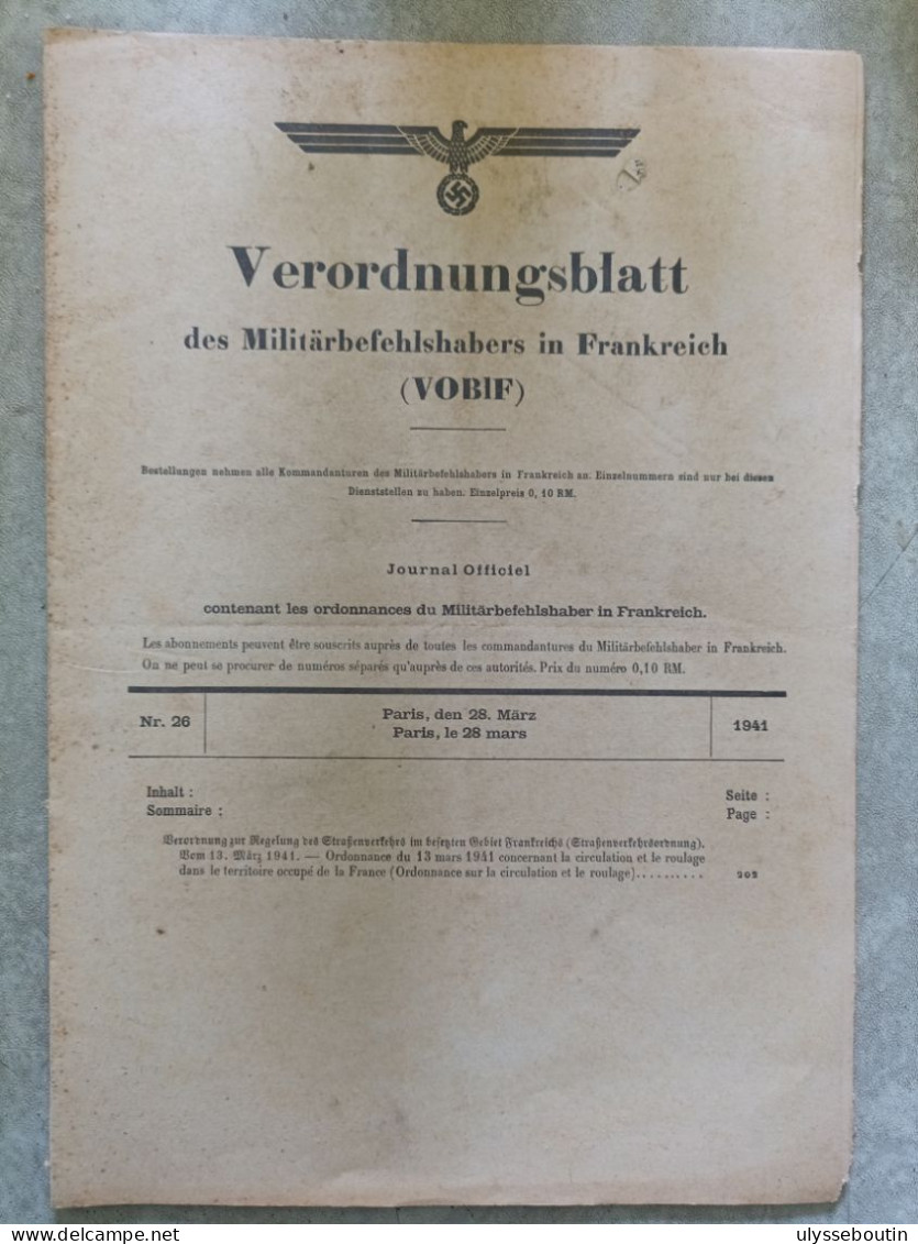 39/45 Verordnungsblatt Des Militärsbefehlshaber In Frankreich. Journal Officiel. 28 Mars 1941 - Documentos