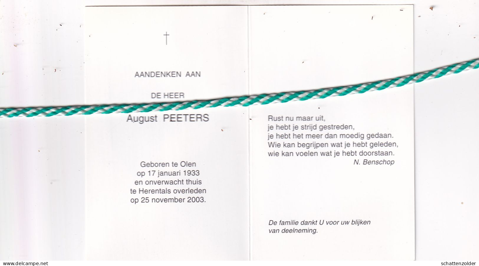 August Peeters, Olen 1933, Herentals 2003. Foto - Décès
