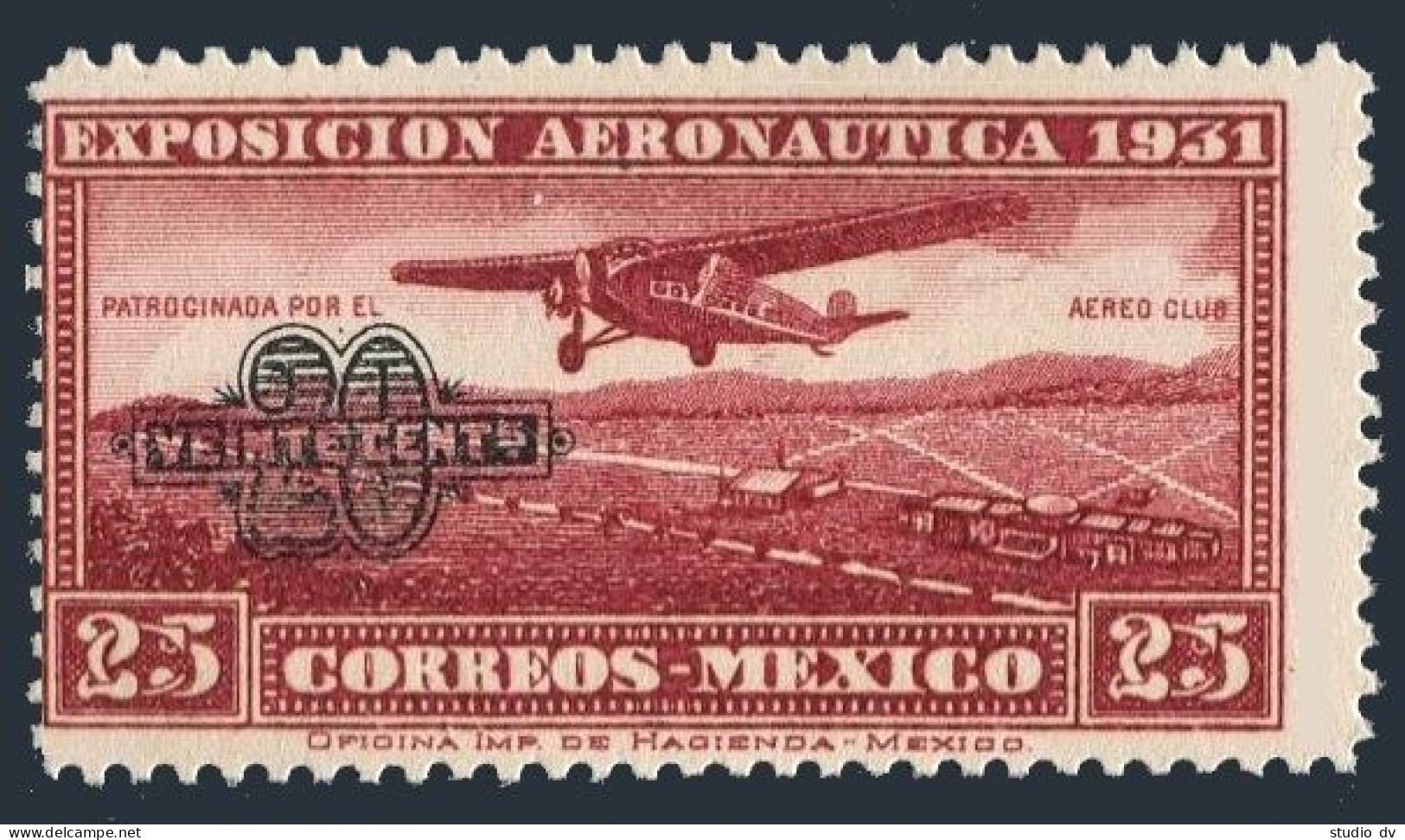 Mexico C45 Centering, MNH. Air Post 1932. Plane Over Flying Field, Surcharged. - Mexico