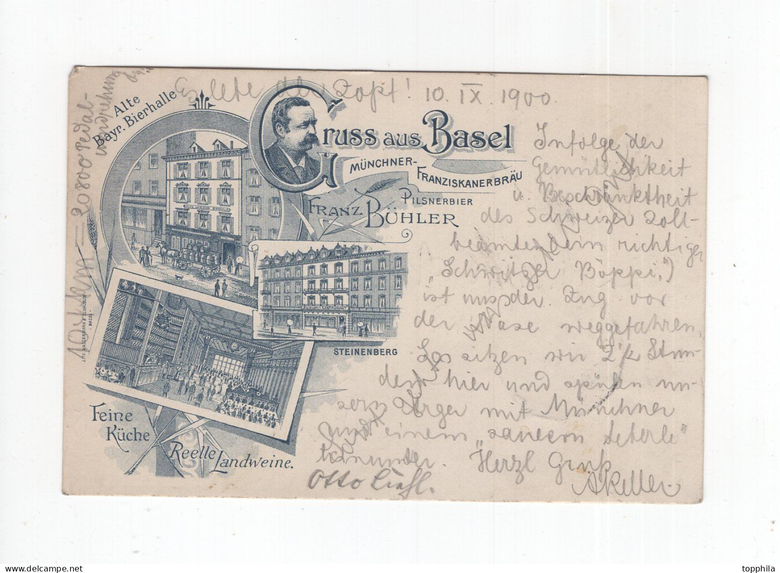 1900 Schweiz Alte  S/W Lithograhie Werbe Postkarte Gruss Aus Basel Alte Bayr. Bierhalle Franz Bühler - Basilea