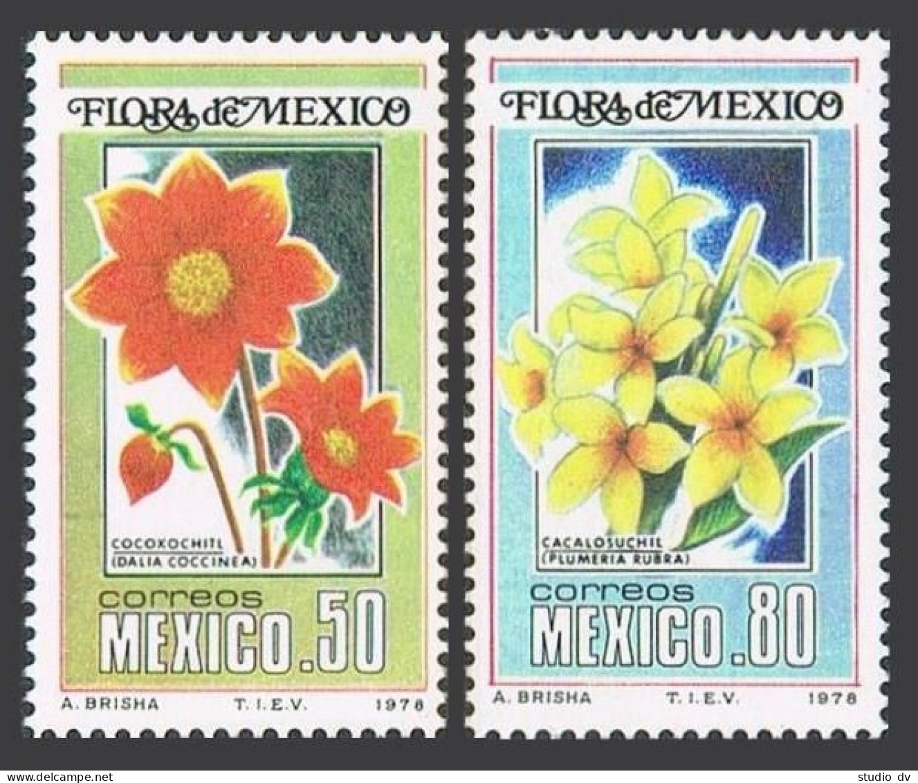 Mexico 1163-1164 Blocks/4, MNH. Mi 1609-1610. Flowers 1978. Dahlias, Frangipani. - Mexique