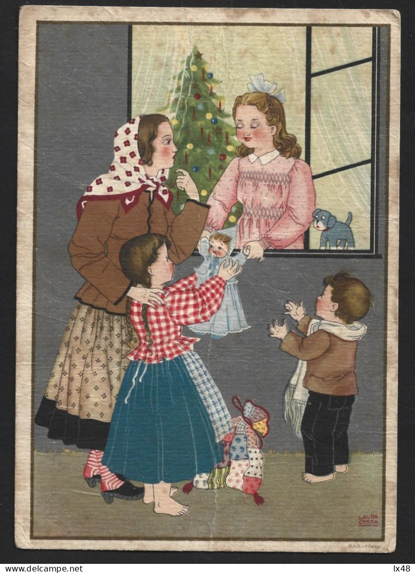 Entire Christmas Postcard. Toys. Dolls. Dog. Ball. Obliteration Of Railways 'Ambulância Sul II' 1946. Ship. Hele Kerstka - Noël