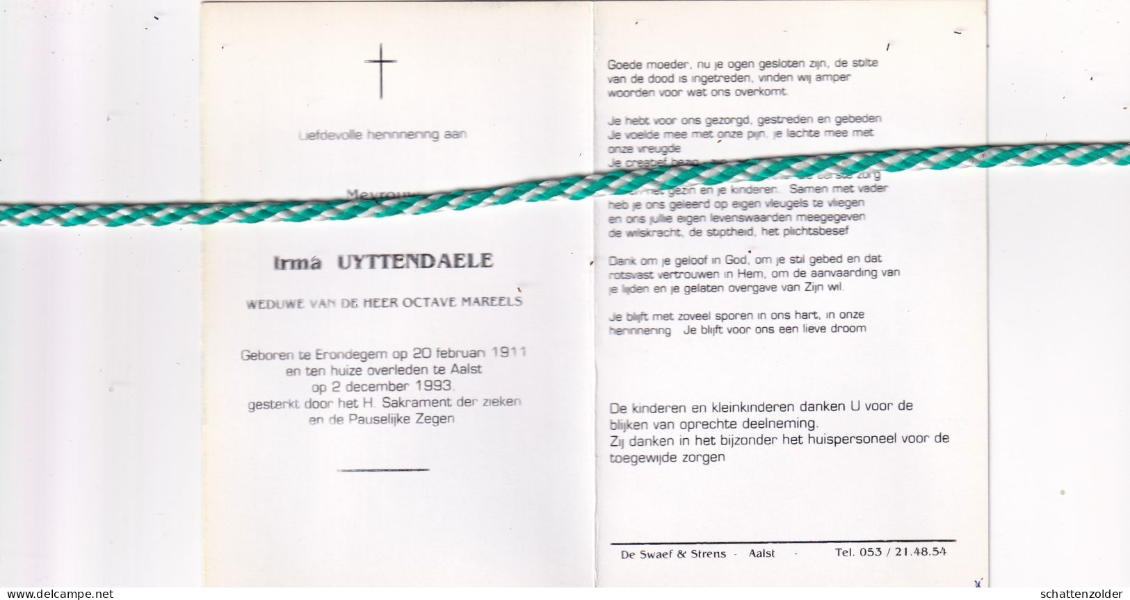 Irma Uyttendaele-Mareels, Erondegem 1911, Aalst 1993. Foto - Décès