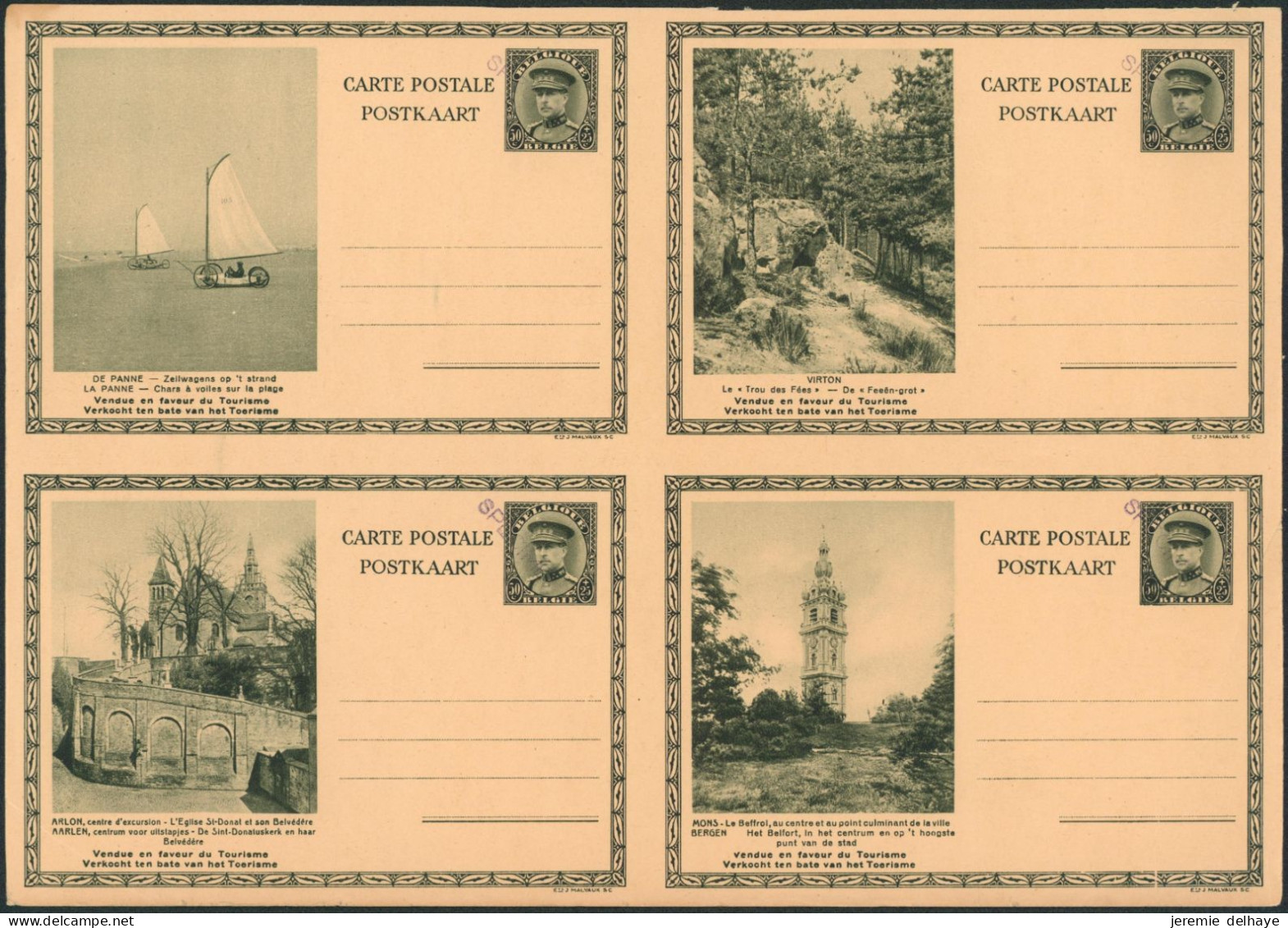 EP Au Type 50ctm Vert Képi "Tourisme" En Bloc De 4 Non Découpé + Surcharge SPECIMEN (en Violet). RR ! - Cartes Postales 1934-1951