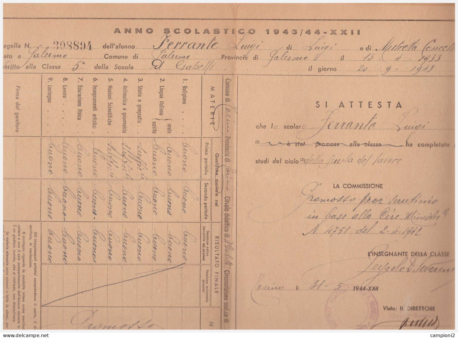 Pagella 1943/44 RSI Cuola Di Torino, Completa Di Dati. Tessera ONB Anno 1928, Rlasciata A Balilla. - Historische Documenten