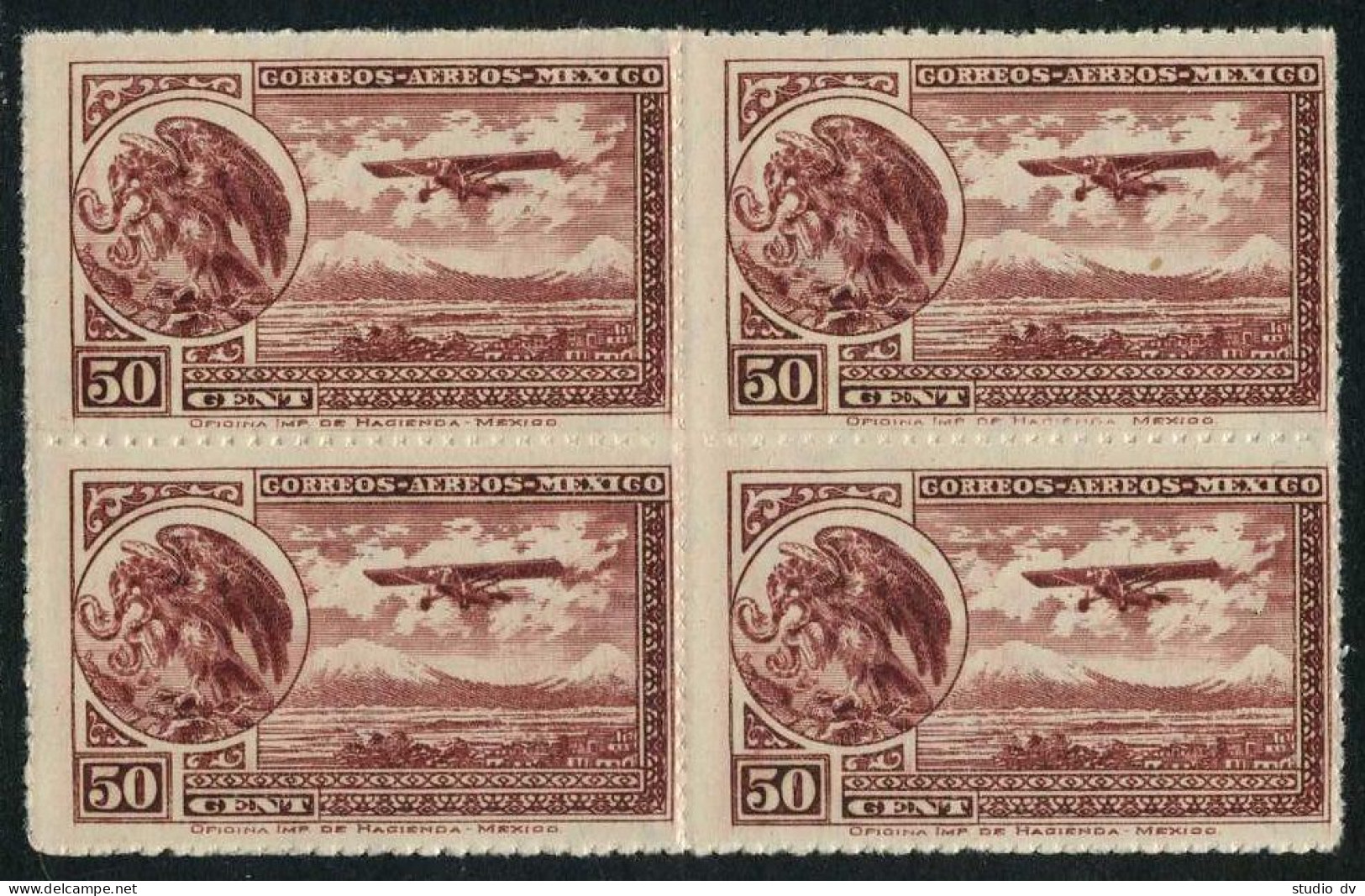 Mexico C25 Block/4,MNH.Michel 620. Air Post 1930.Coat Of Arms,Eagle,Airplane. - Mexique