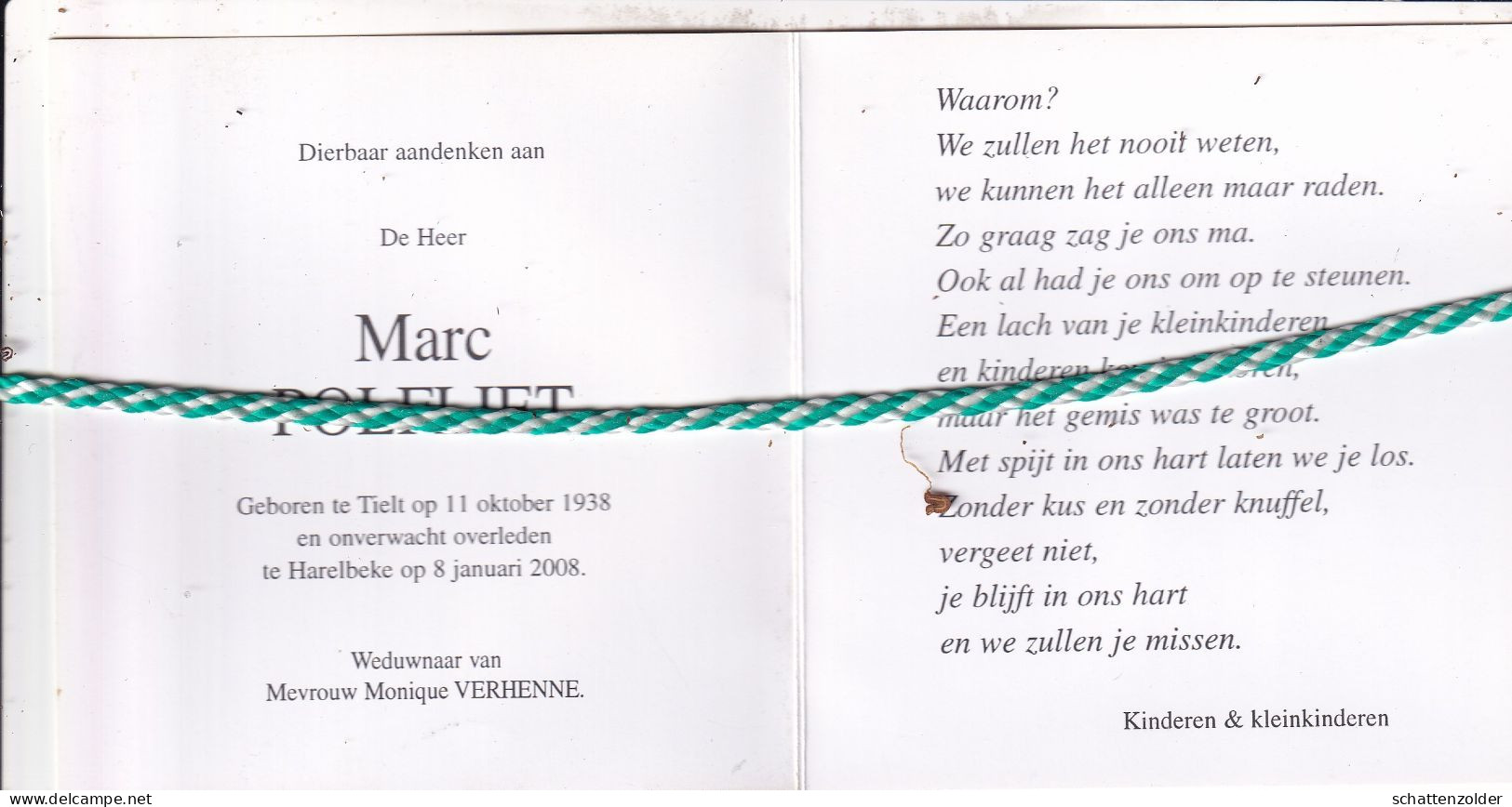 Marc Polfliet-Verhenne, Tielt 1938, Harelbeke 2008. Foto - Overlijden