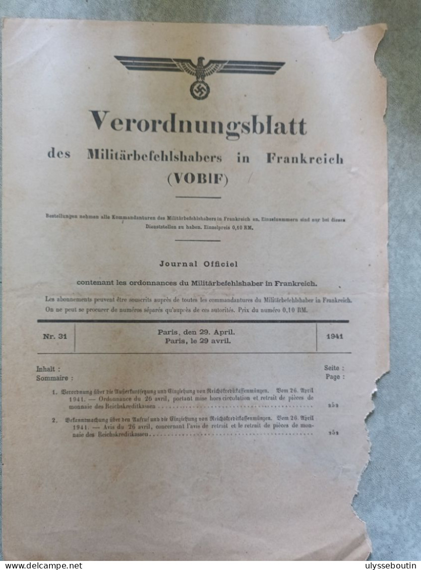 39/45 Verordnungsblatt Des Militärsbefehlshaber In Frankreich. Journal Officiel. 29 Avril 1941 - Documents