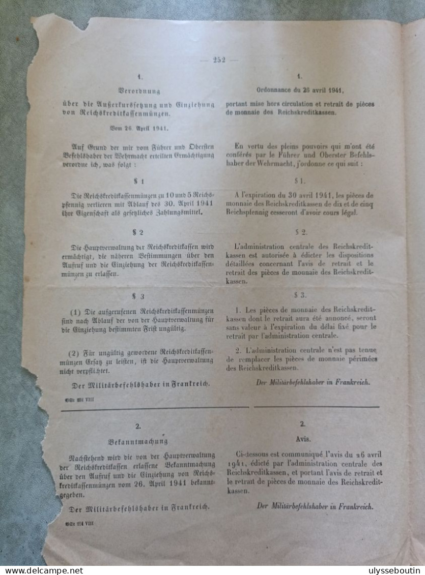 39/45 Verordnungsblatt Des Militärsbefehlshaber In Frankreich. Journal Officiel. 29 Avril 1941 - Documents