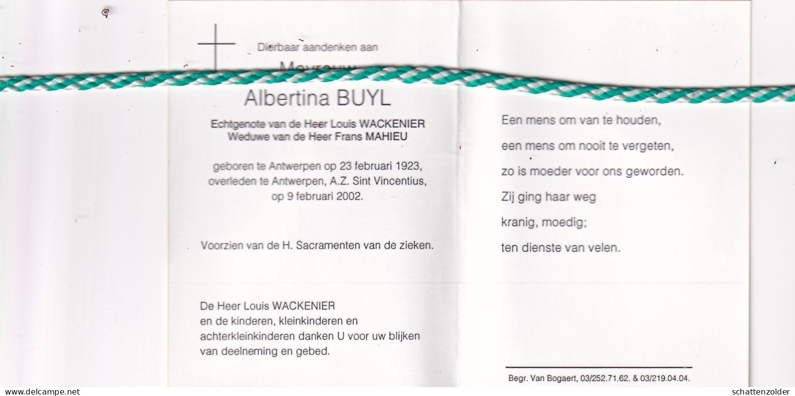 Albertina Buyl-Wackenier-Mahieu, Antwerpen 1923, 2002. Foto - Obituary Notices