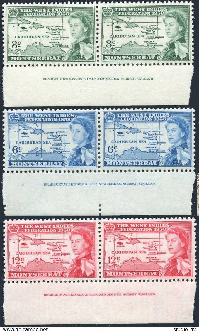 Montserrat 143-145 Pairs-margin,MNH.Mi 144-146. West Indies Federation,1958.Map. - Montserrat