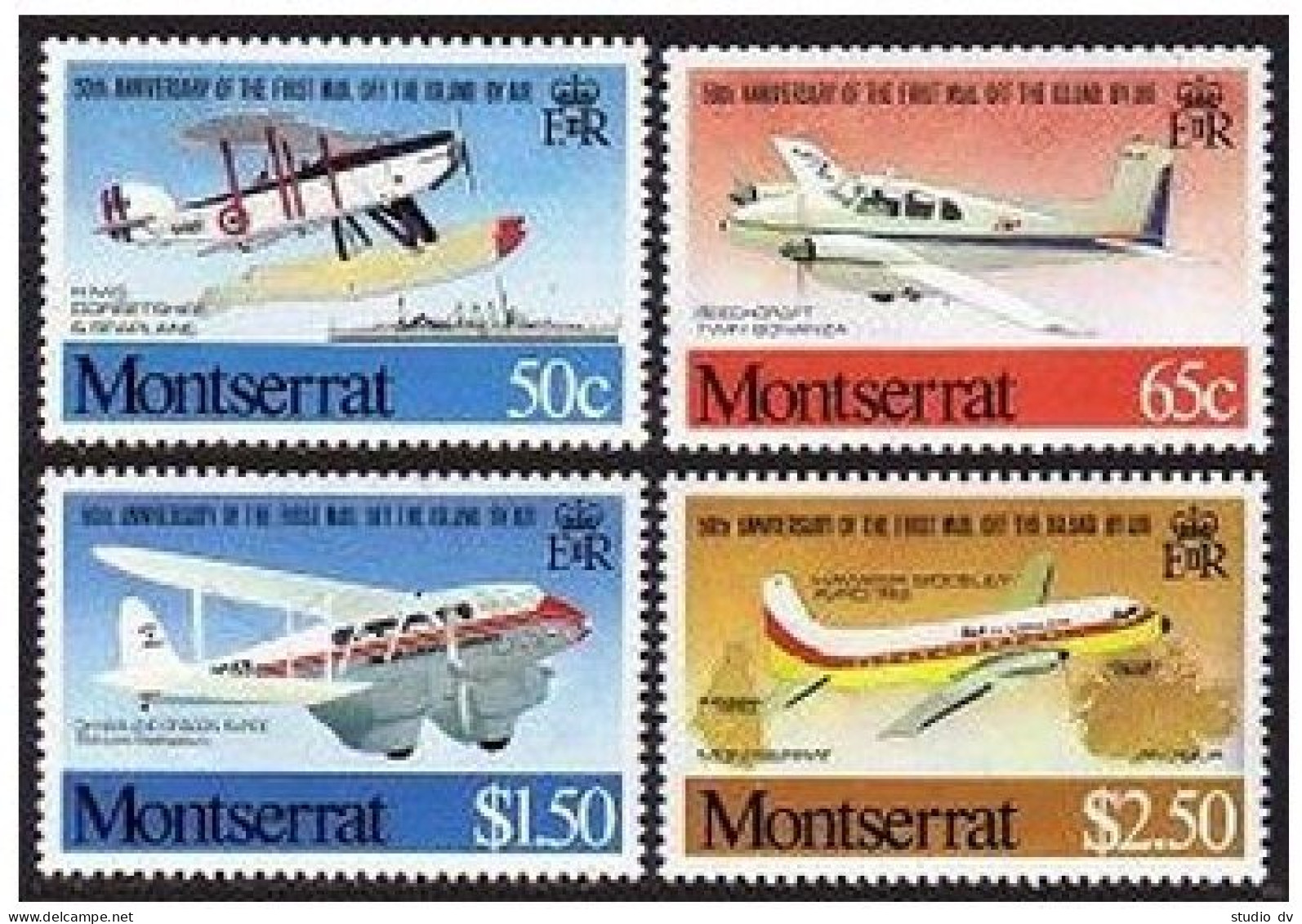 Montserrat 472-475,hinged.Mi 472-475 Airmail Service,50th Ann.1981.Planes,Ship. - Montserrat