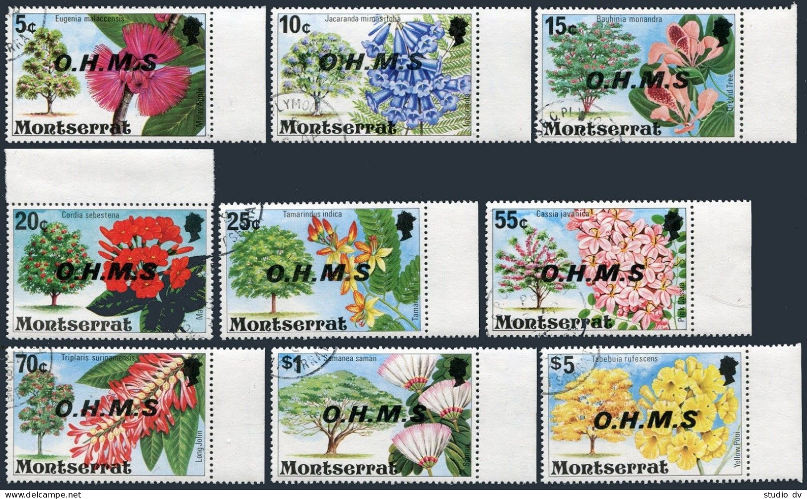 Montserrat O10-O17,O19 Error O.H.M.S No Period,CTO.Official 1976.Flowering Trees - Montserrat