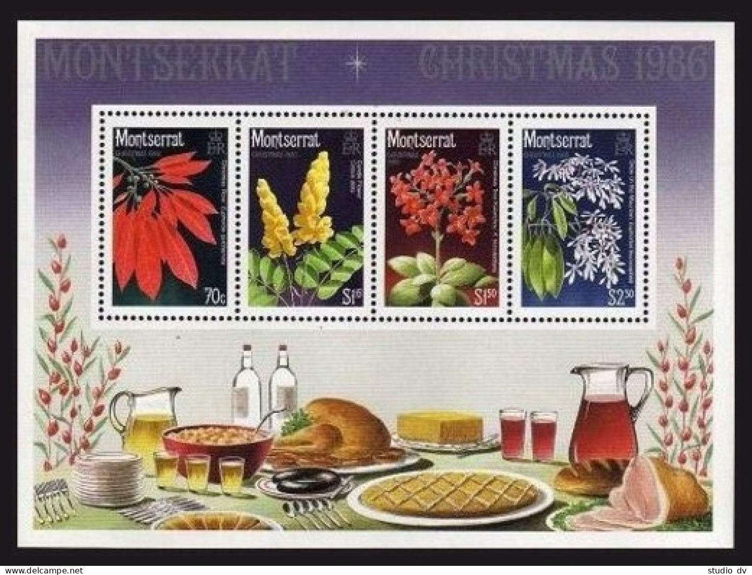 Montserrat 632-35,635a,MNH.Michel 662-665, Bl.42. Christmas 1986.Flowers,Snow. - Montserrat