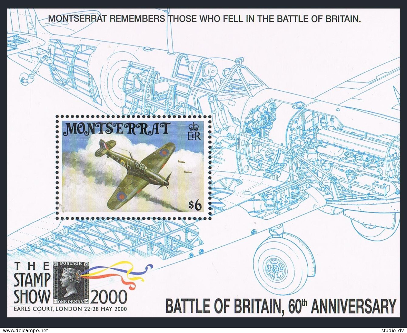 Montserrat 1007, MNH. LONDON=2000. Battle Of Britain, 60th Ann. Plane, Map. - Montserrat