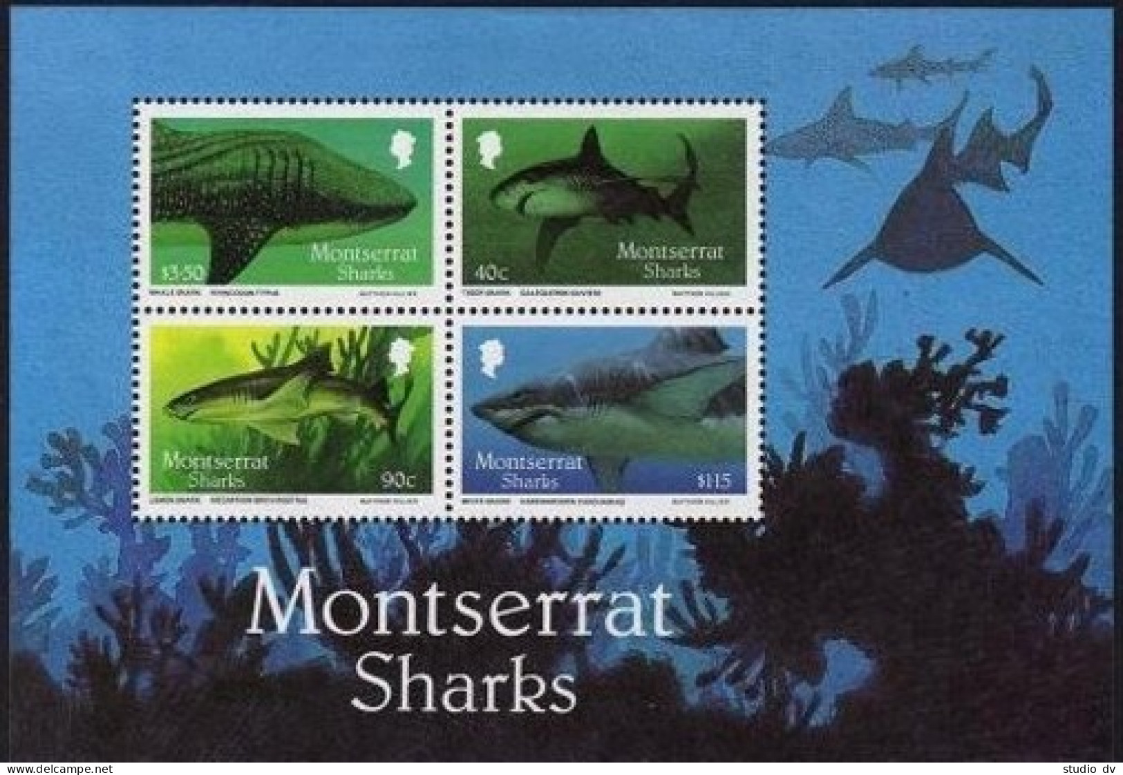 Montserrat 643-646,646a, MNH. Mi 666-669, Bl.43. Sharks 1987. Tiger,Lemon,While, - Montserrat