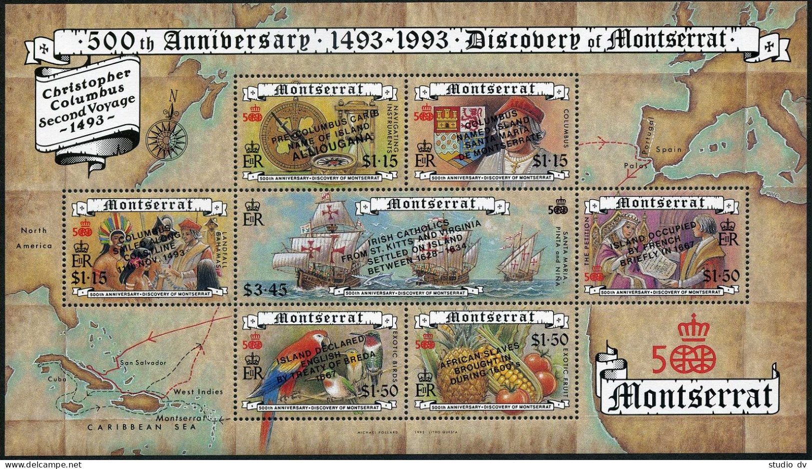 Montserrat 829 Ag Sheet,MNH.Mi Bl.64. Christopher Columbus 2nd Voyage,1993. - Montserrat